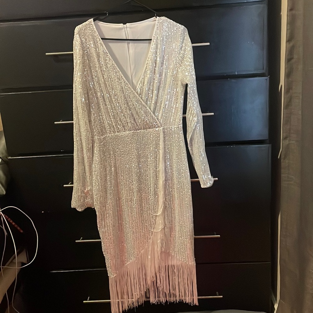 SHEIN BAE Surplice Neck Fringe Trim Sequin Dress